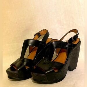 BIALA Sandals Women size 7 Slingback Platform Wedge Heels Black Leather